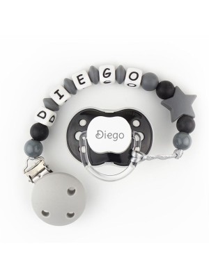 Chupete Negro + Cadenita Silicona Estrella gris personalizados