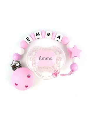 Chupete Purpurina Rosa + Cadenita Silicona Estrella Rosa personalizada