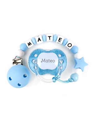 Chupete Purpurina Azul + Cadenita Silicona Estrella Azul personalizada