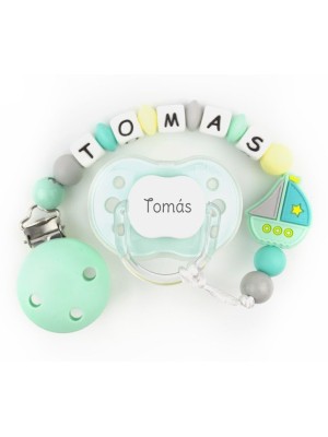 Chupete Menta + Cadenita Silicona Barquito Menta personalizada