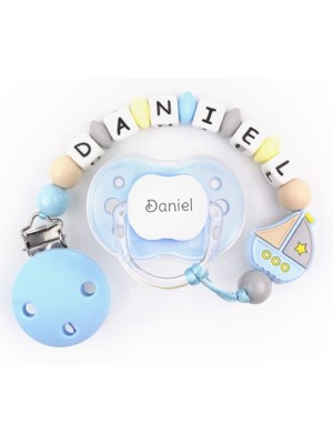 Chupete Celeste + Cadenita Silicona Barquito Celeste personalizada