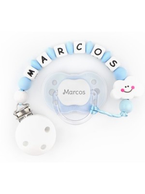 Chupete Celeste + Cadenita Silicona Nube azul personalizados