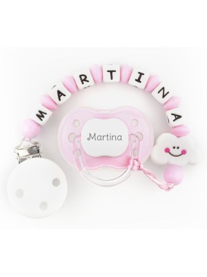 Chupete Rosa + Cadenita de silicona Nube rosa personalizados