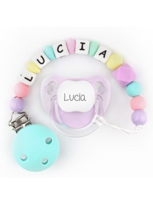 Cajita Chupete Baby Malva + Cadenita de silicona Turquesa multicolor personalizados
