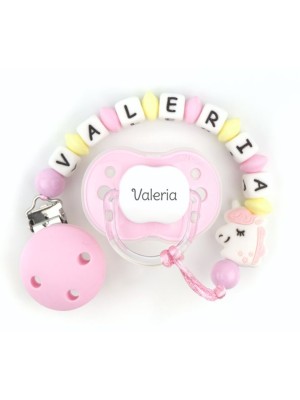 Chupete Rosa + Cadenita Silicona Unicornio Rosa personalizada